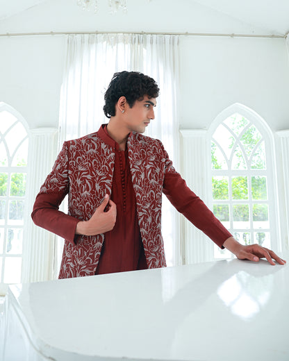 Maroon kurta set with jacket