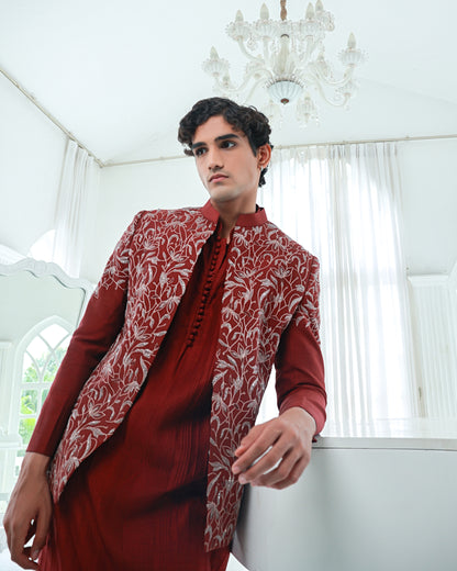 Maroon kurta set with jacket