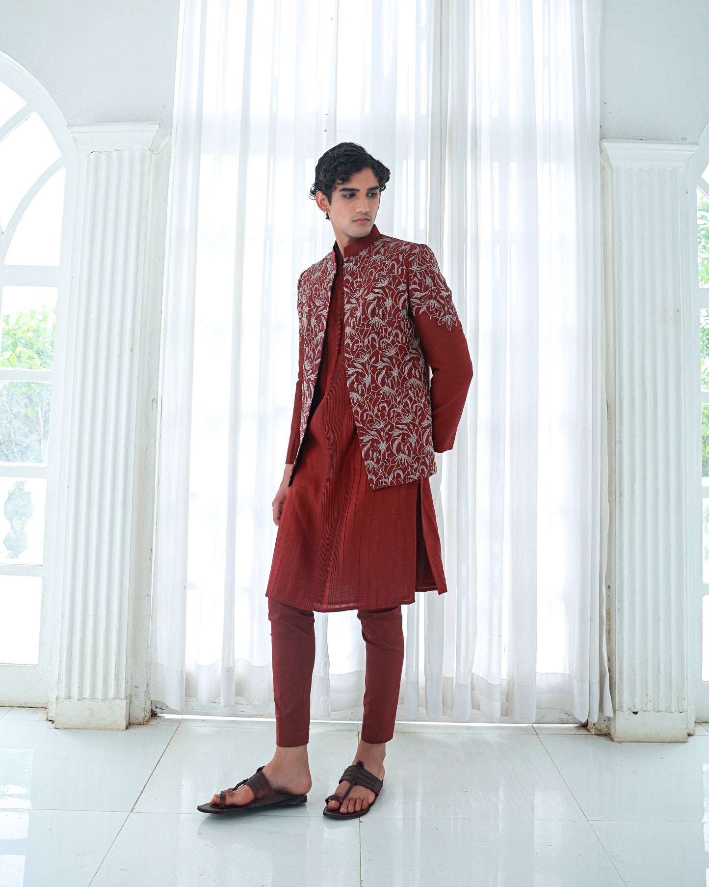 Maroon kurta set with jacket