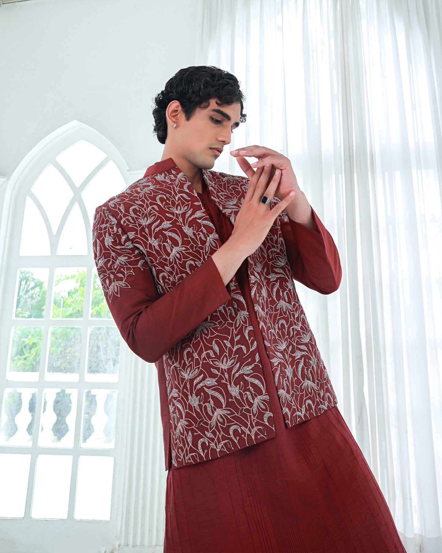 Maroon kurta set with jacket