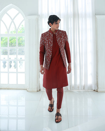 Maroon kurta set with jacket