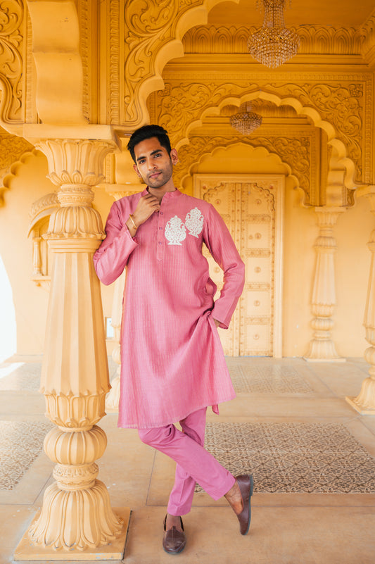 Pink self textured kurta set