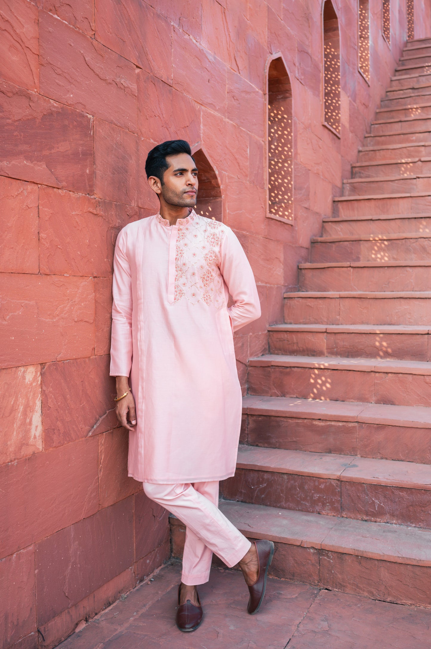 Pink one side embroidered kurta set