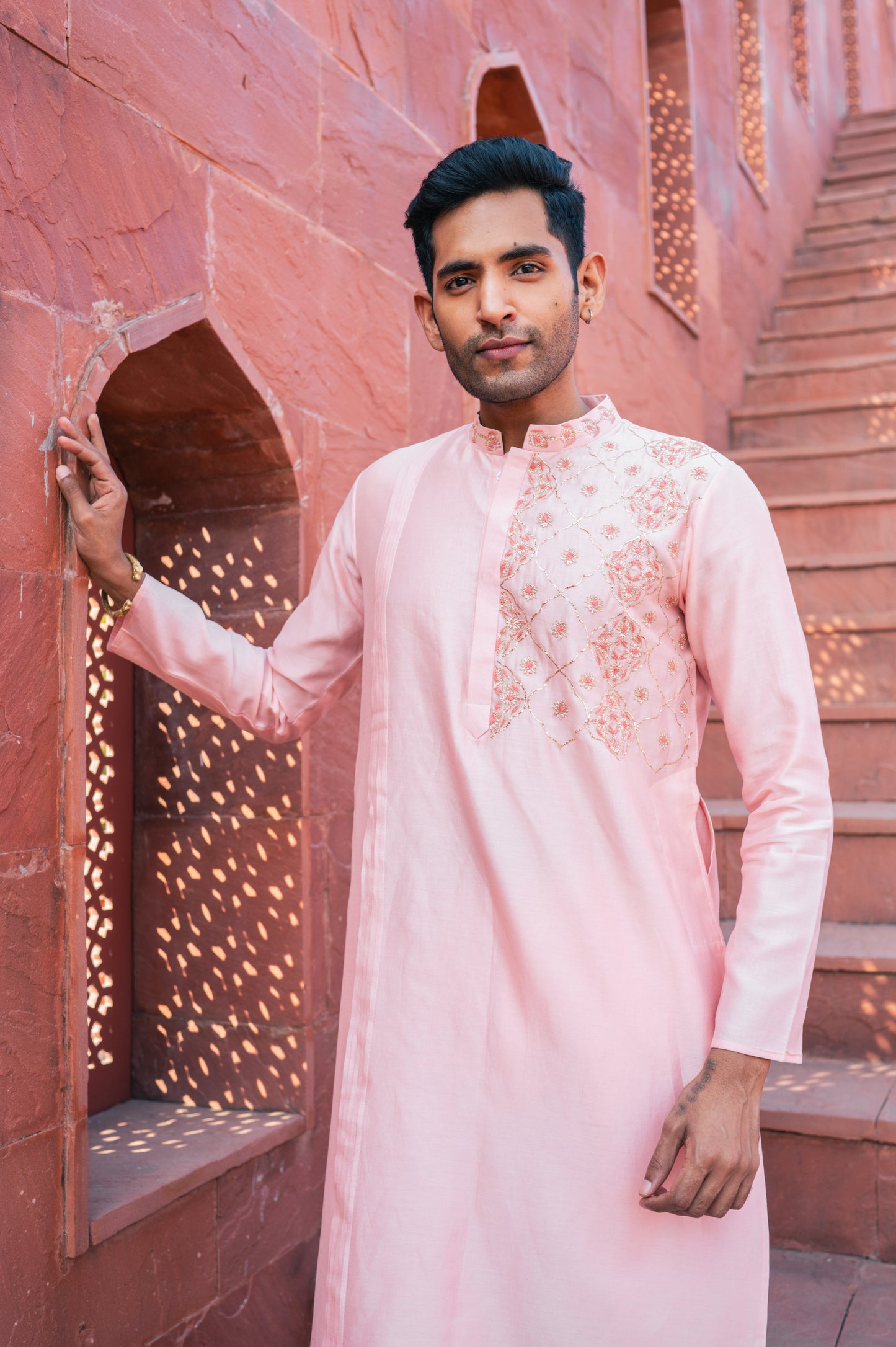 Pink one side embroidered kurta set