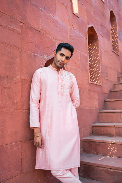 Pink one side embroidered kurta set