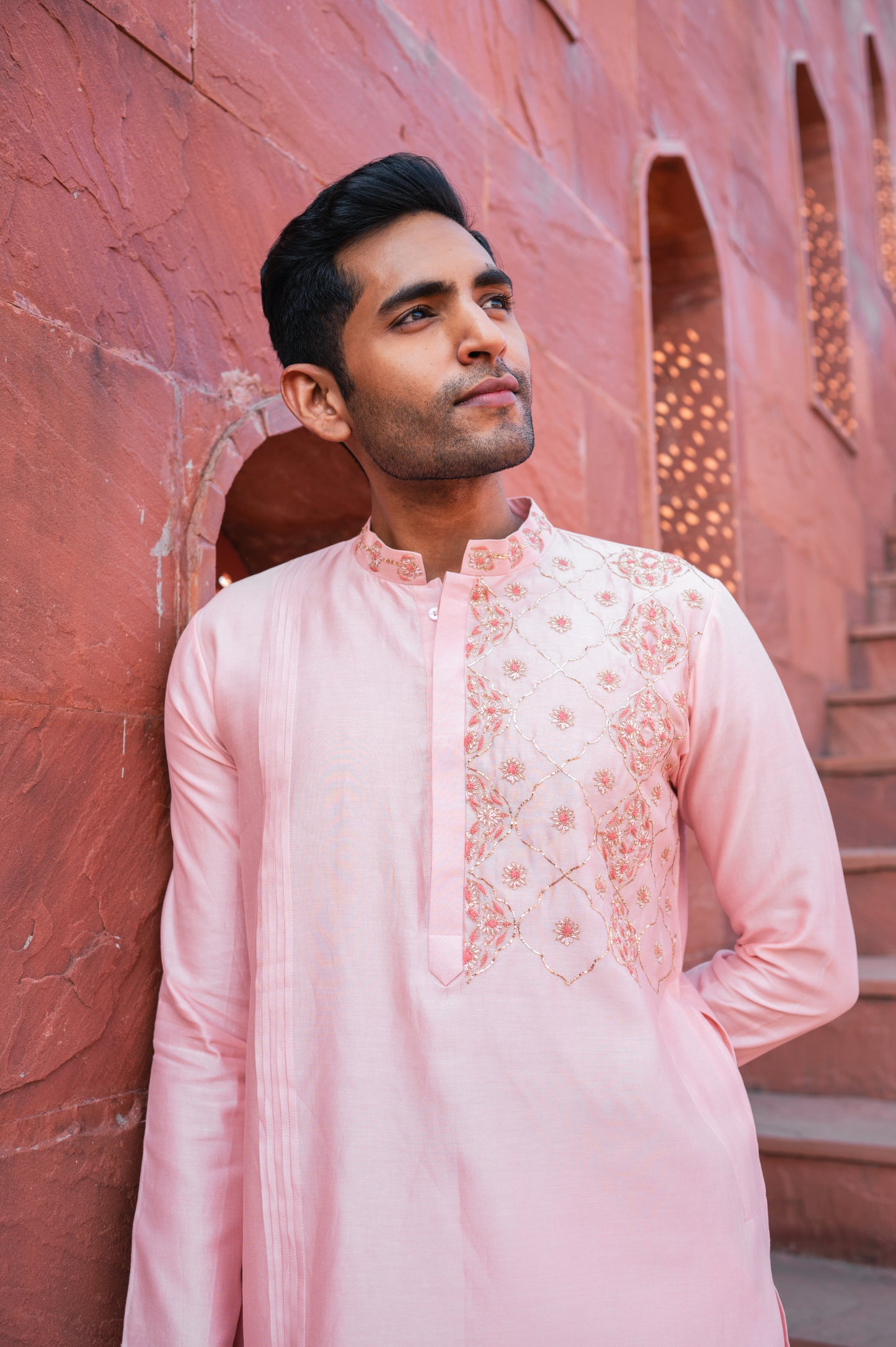 Pink one side embroidered kurta set