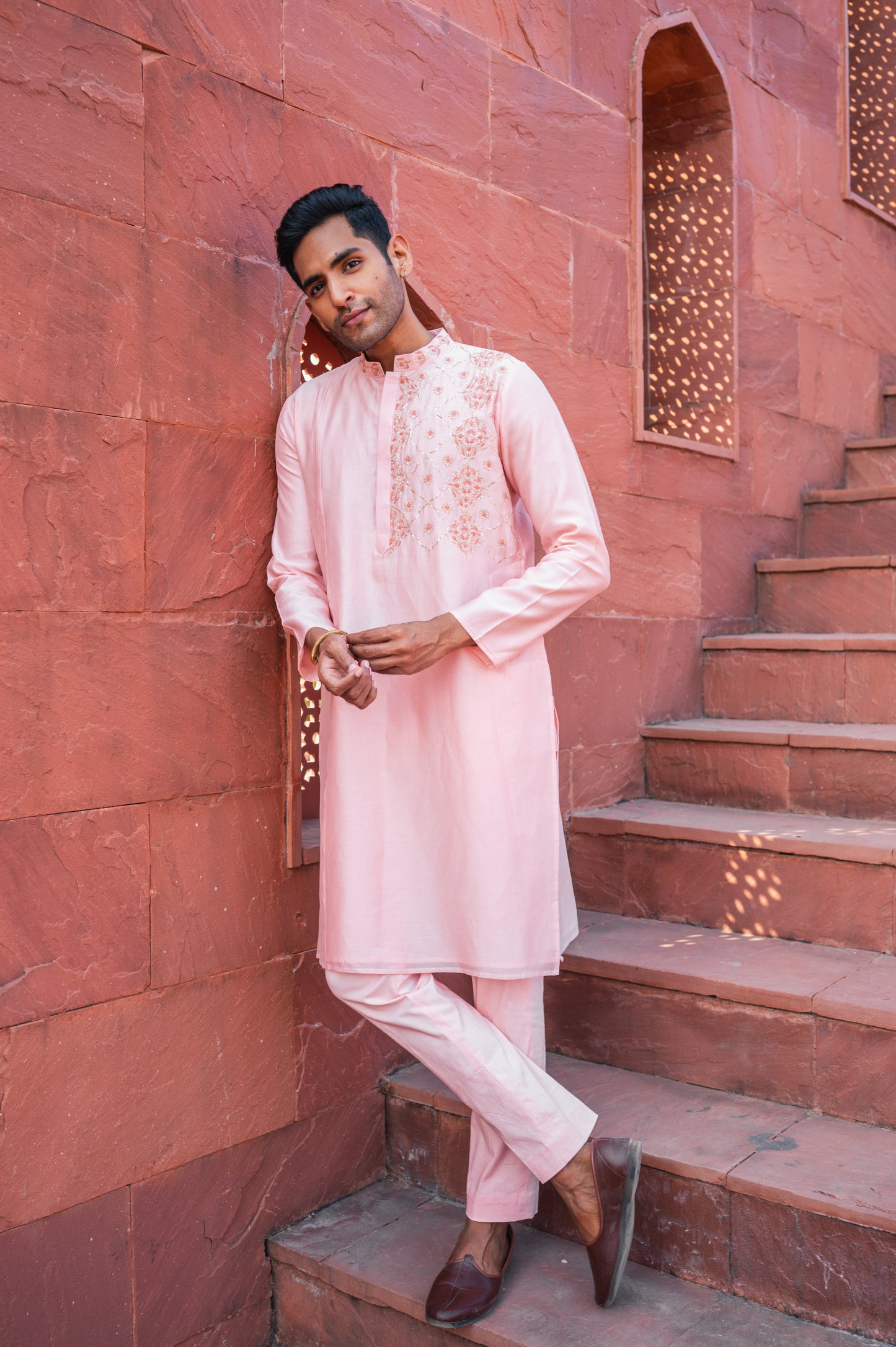 Pink one side embroidered kurta set