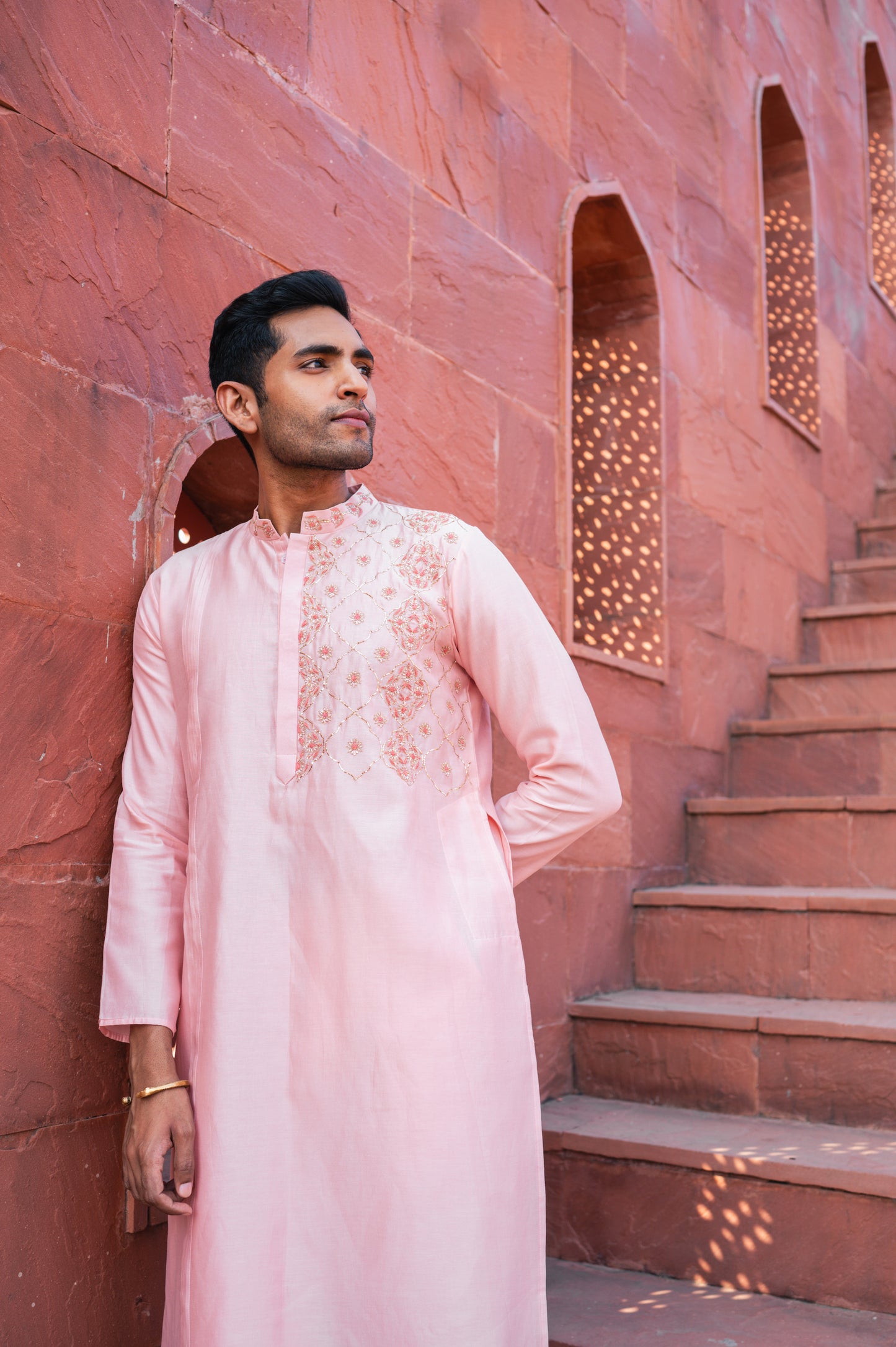 Pink one side embroidered kurta set