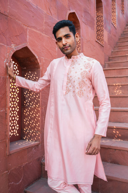 Pink one side embroidered kurta set