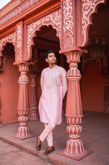 Pink thread embroidery kurta set