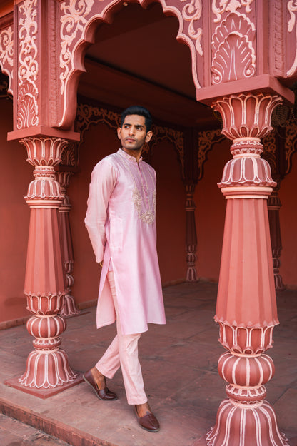 Pink thread embroidery kurta set