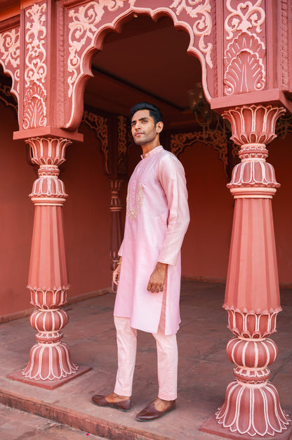 Pink thread embroidery kurta set