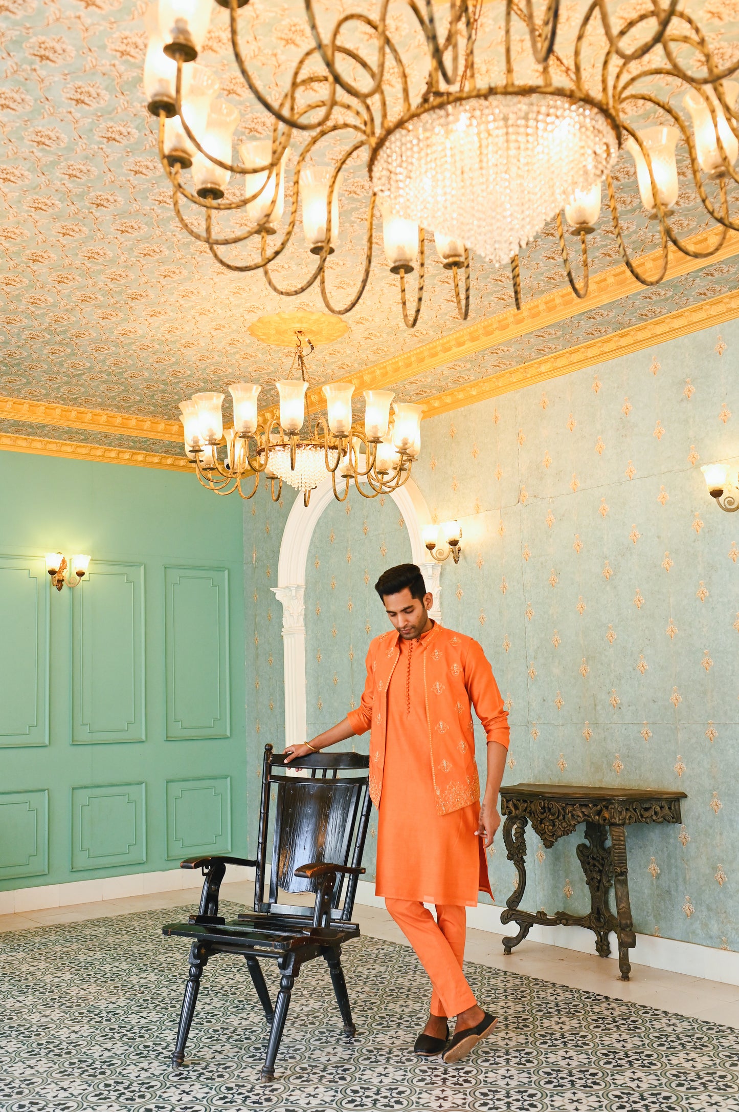 Orange embroidered bandi with kurta and bottom