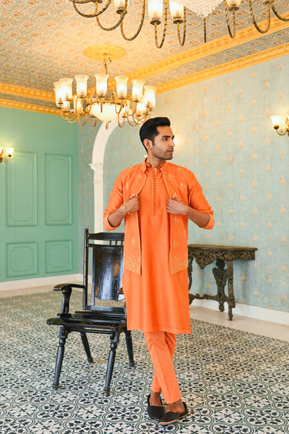 Orange embroidered bandi with kurta and bottom