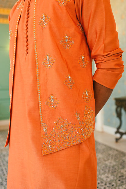 Orange embroidered bandi with kurta and bottom