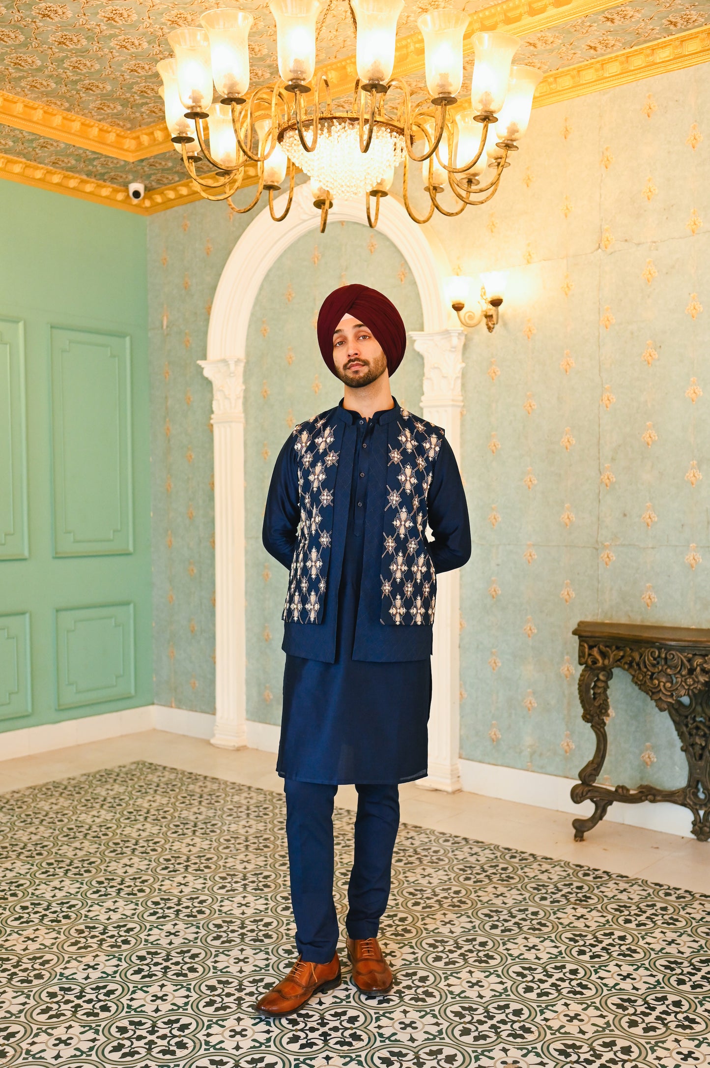 Navy embroidered bandi with kurta and bottom