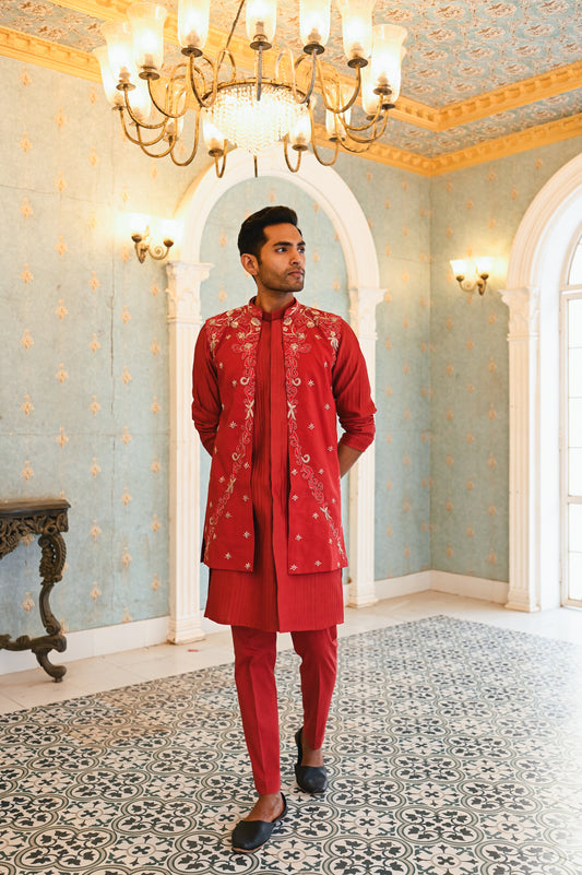 Red embroidered bandi with kurta and bottom