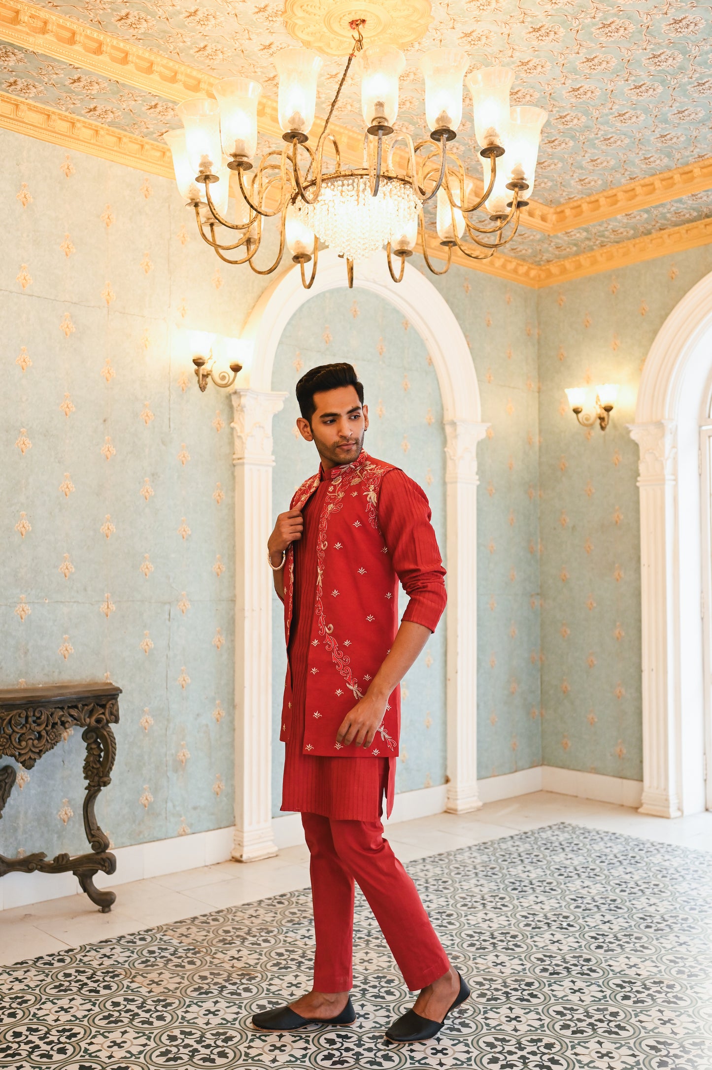 Red embroidered bandi with kurta and bottom