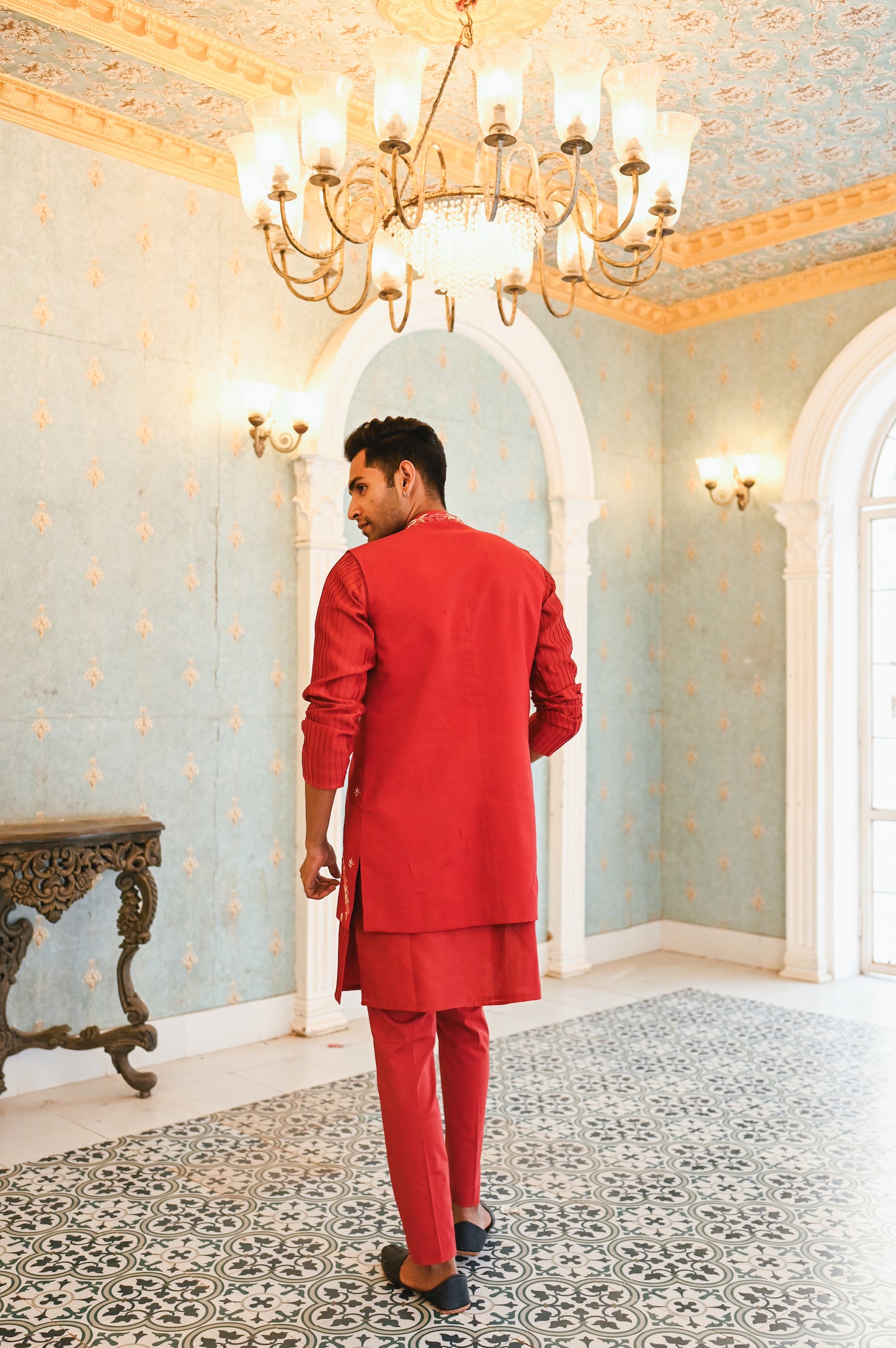 Red embroidered bandi with kurta and bottom