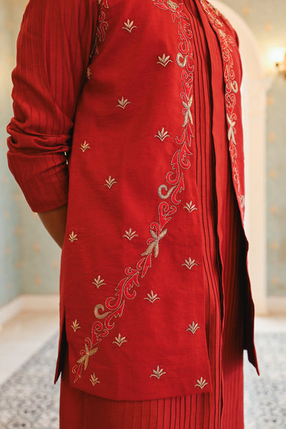 Red embroidered bandi with kurta and bottom